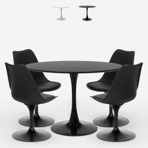 Set tavolo rotondo 120cm effetto marmo design Tulip 4 sedie moderno Paix