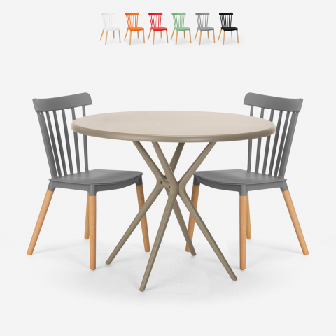 Set tavolo design rotondo beige 80cm 2 sedie Eskil Promozione