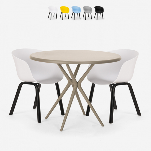 Set tavolo design rotondo 80cm beige 2 sedie Oden