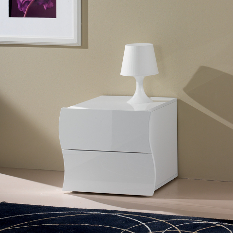Comodino camera da letto 2 cassetti bianco lucido Onda Smart Promozione