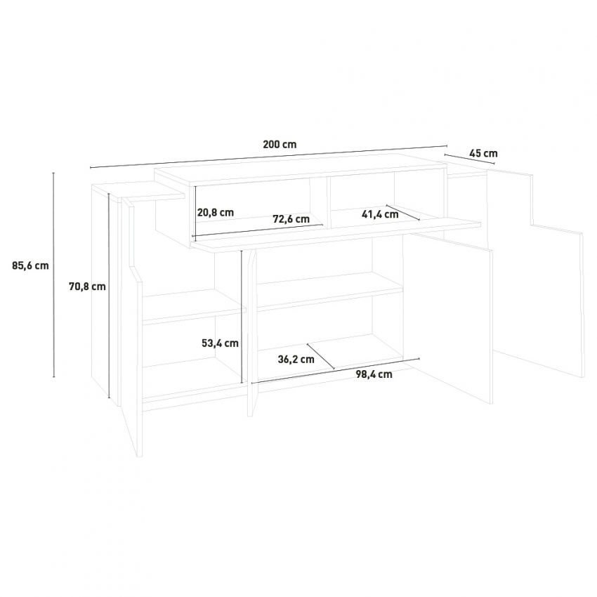 Corona Side Credenza soggiorno buffet moderno 200cm 4 vani bianco