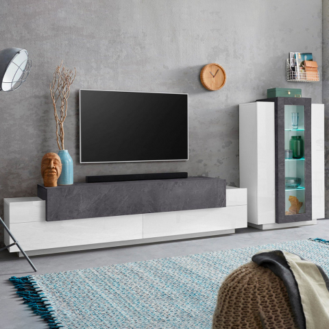 Parete attrezzata soggiorno moderna bianco ardesia mobile porta TV vetrina Corona