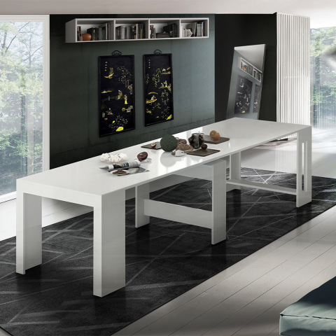 Tavolo da pranzo bianco lucido allungabile 90-300x51cm consolle design Pratika White