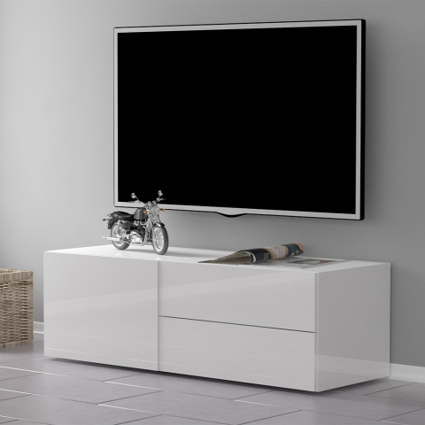 Mobile porta TV soggiorno design vano 2 cassetti 110cm bianco lucido Metis