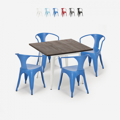 Set tavolo 80x80cm design industriale 4 sedie stile tolix bar cucina Hustle White