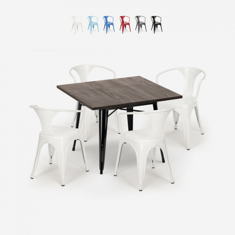 Set tavolo 80x80cm 4 sedie design industriale stile tolix cucina bar Hustle Black