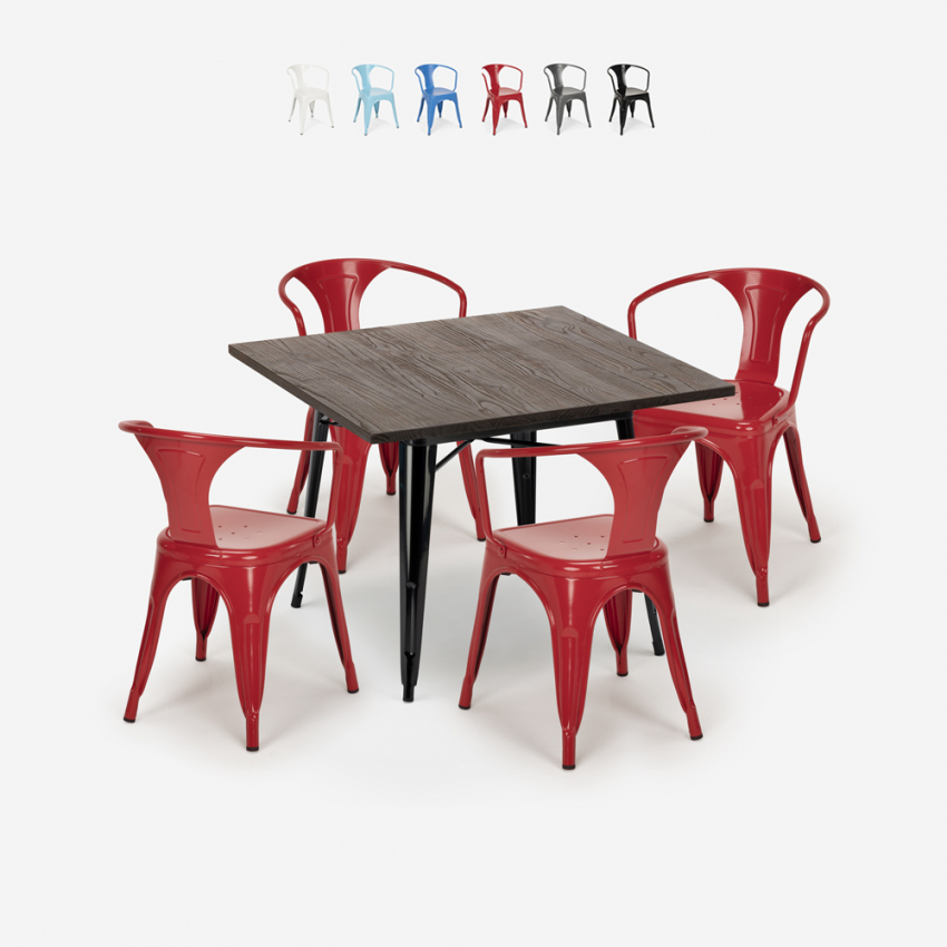 set tavolo 80x80cm 4 sedie design industriale stile cucina bar hustle black Catalogo
