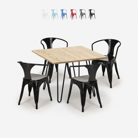 Set tavolo 80x80cm design industriale 4 sedie stile tolix bar cucina Reims Light