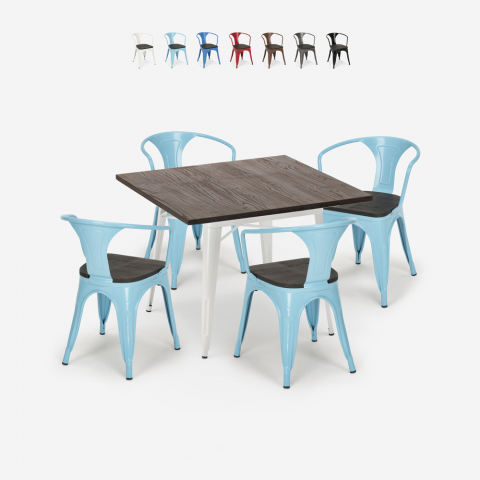Set tavolo cucina 80x80cm industriale 4 sedie tolix legno metallo Hustle Wood White Promozione