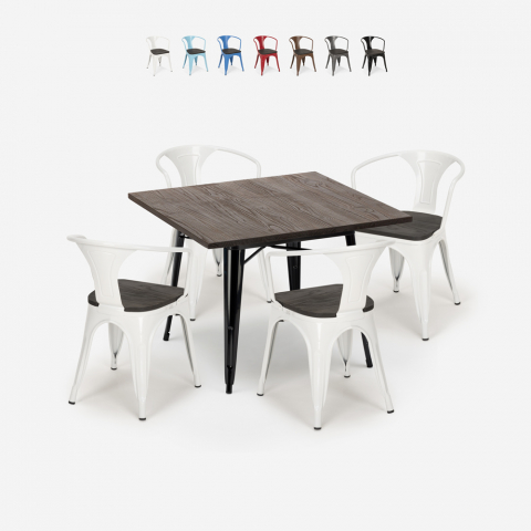 Set industriale tavolo cucina 80x80cm 4 sedie tolix legno metallo Hustle Wood Black