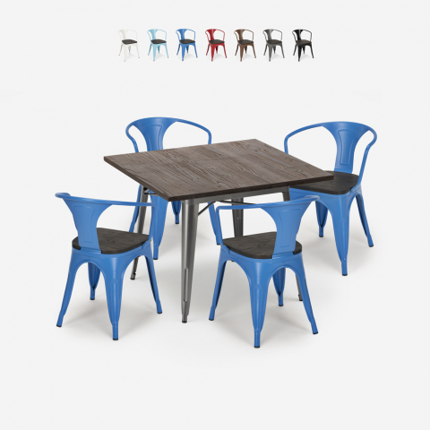 Set cucina industriale tavolo 80x80cm 4 sedie tolix legno metallo Hustle Wood