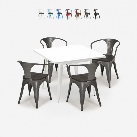 set tavolo industriale bianco 80x80cm 4 sedie Lix legno century wood white Promozione