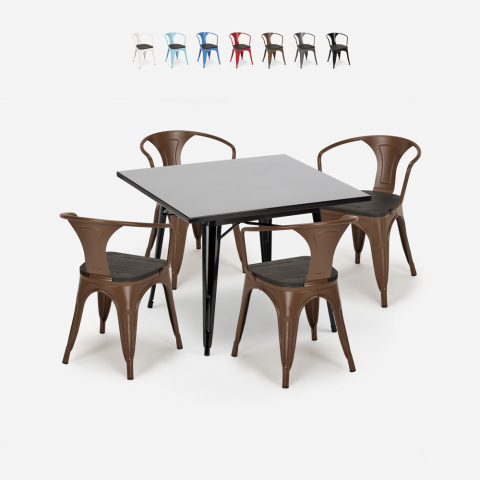 set tavolo nero 80x80cm 4 sedie stile industriale century wood black Promozione