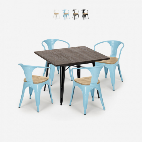 set industriale tavolo legno 80x80cm 4 sedie Lix metallo hustle black top light Promozione
