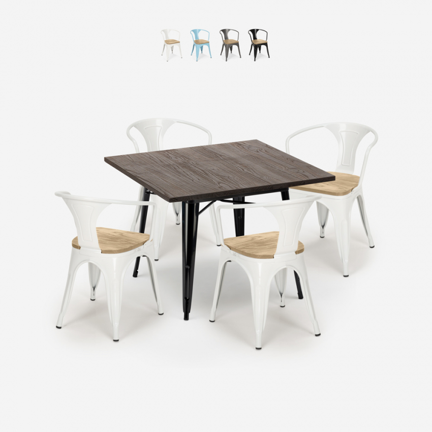 set industriale tavolo legno 80x80cm 4 sedie metallo hustle black top light Vendita