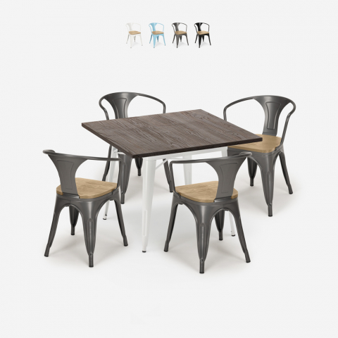 Set tavolo industriale cucina 80x80cm 4 sedie stile tolix legno Hustle White Top Light