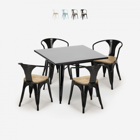 set tavolo cucina metallo nero 80x80cm 4 sedie Lix century black top light Promozione