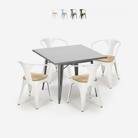 set tavolo industriale 80x80cm 4 sedie Lix legno metallo century top light Promozione