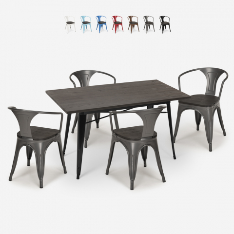 set 4 sedie legno tavolo 120x60cm industriale sala pranzo caster wood Promozione