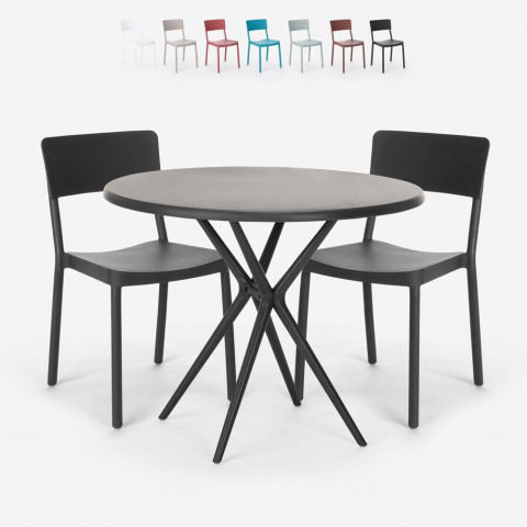 Set tavolo rotondo nero 80cm 2 sedie design moderno Aminos Dark Promozione
