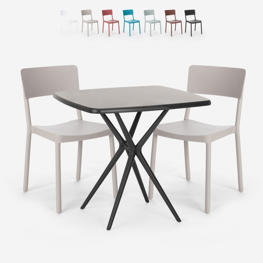 Set tavolo quadrato 70x70cm nero 2 sedie esterno design Regas Dark Promozione