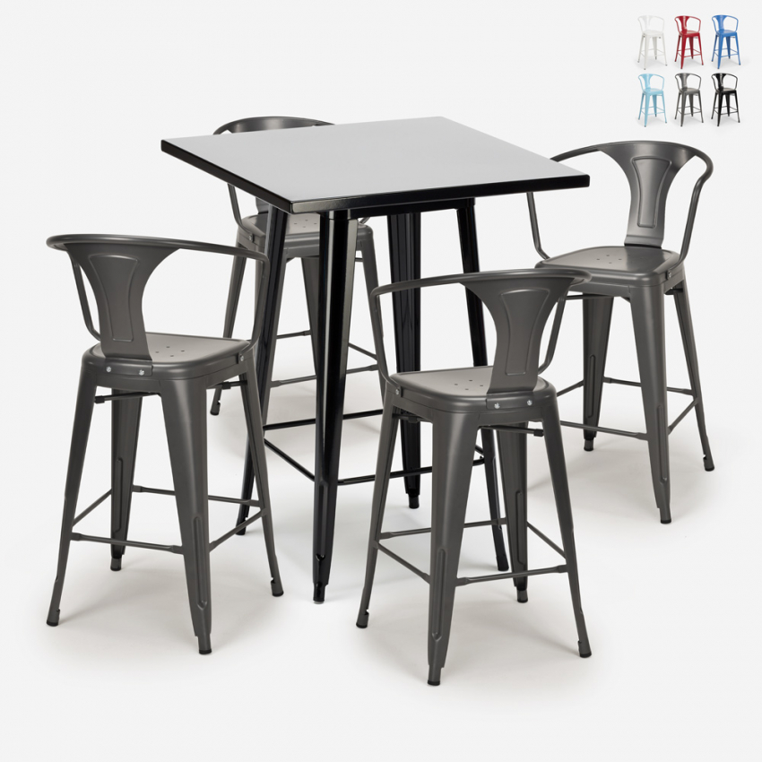 set tavolino alto nero 60x60cm 4 sgabelli metallo bar cucina bucket black Saldi