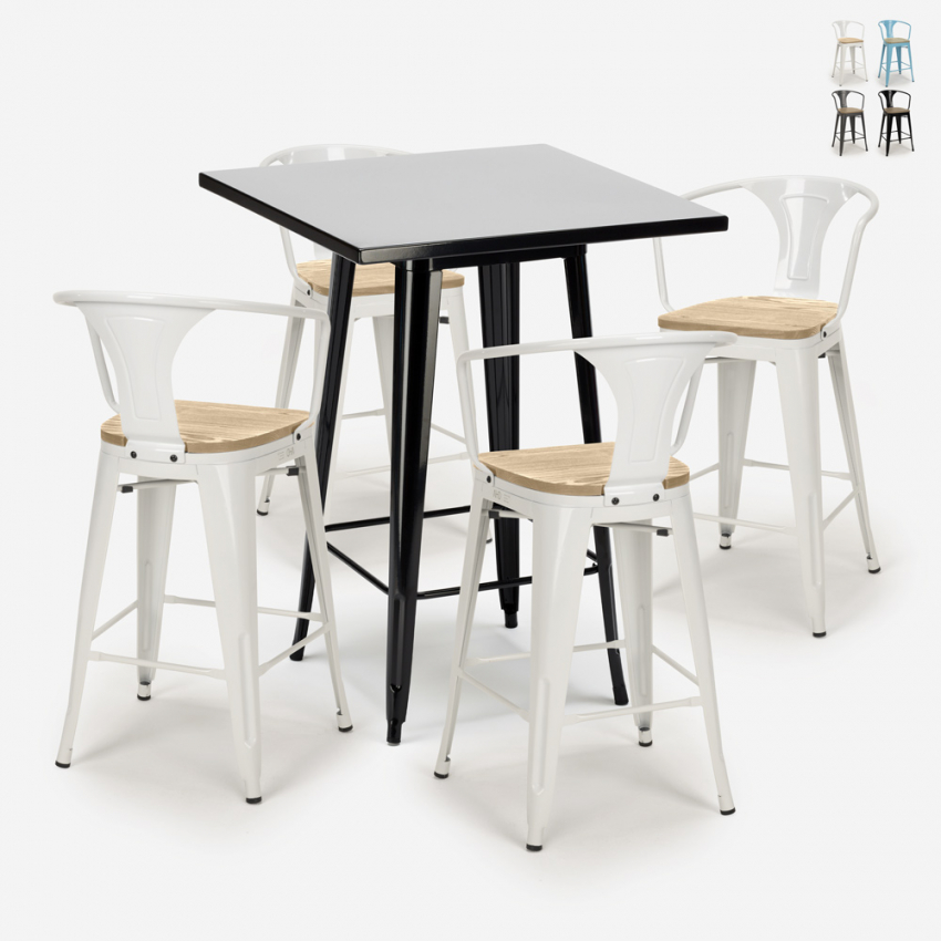 set tavolino nero 60x60cm industriale 4 sgabelli bucket black top light Saldi