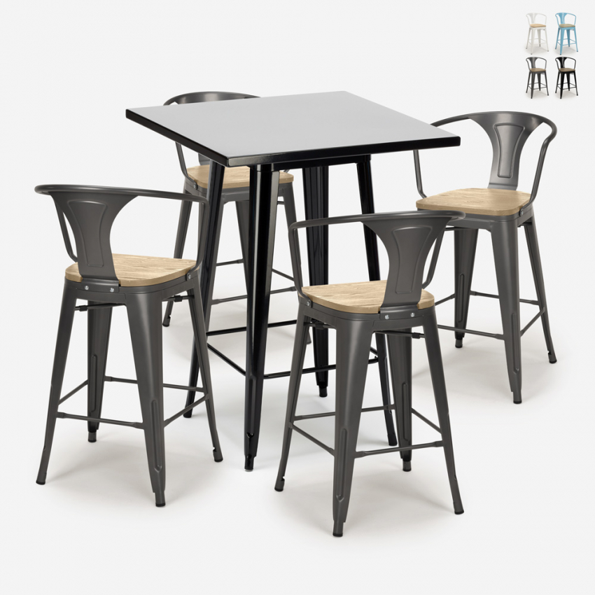 Set tavolino bar alto 60x60cm 4 sgabelli tolix legno industriale Bent