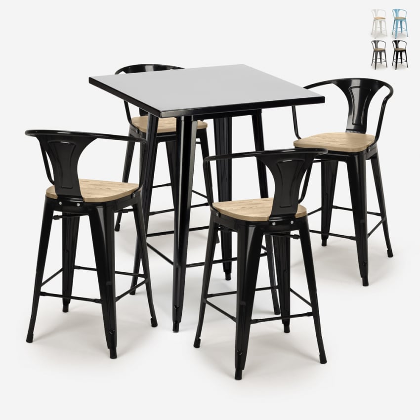 Wahoo set 4 sgabelli bar tolix schienale tavolo cucina alto nero 120x60