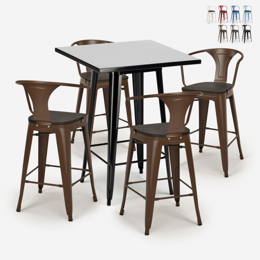 Set tavolino bar alto 60x60cm 4 sgabelli tolix legno industriale Bent