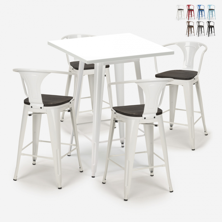set 4 sgabelli tavolino metallo alto bianco 60x60cm bucket wood white Vendita set 4 sgabelli tavolino metallo alto bianco 60x60cm bucket wood white Vendita