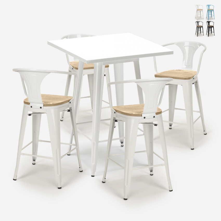 set tavolino metallo bianco 60x60cm 4 sgabelli bucket white top light Offerta