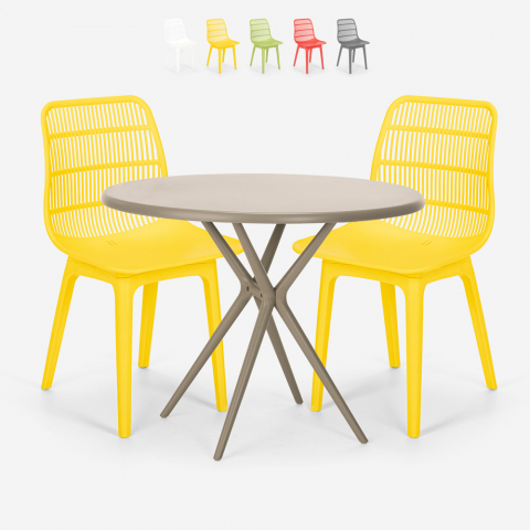 Set 2 sedie design moderno tavolo rotondo beige 80cm esterno Bardus Promozione
