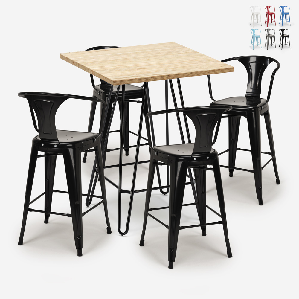 set bar cucina 4 sgabelli industriale tavolino legno 60x60cm mason