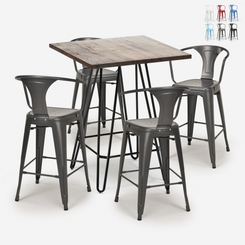 Set cucina bar tavolino legno industriale 60x60cm 4 sgabelli tolix Mason Noix