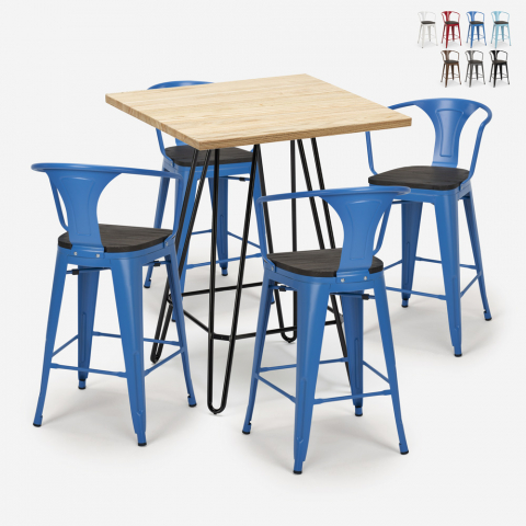set 4 sgabelli tavolino industriale legno metallo 60x60cm mason wood Promozione