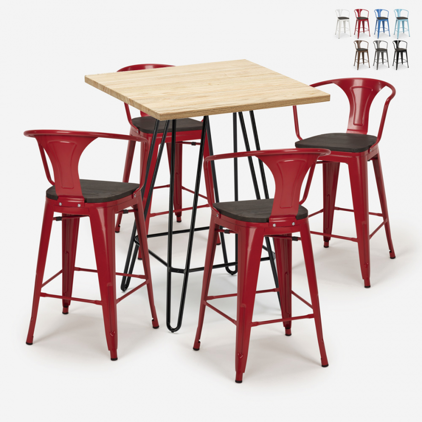 set 4 sgabelli tavolino industriale legno metallo 60x60cm mason wood Stock