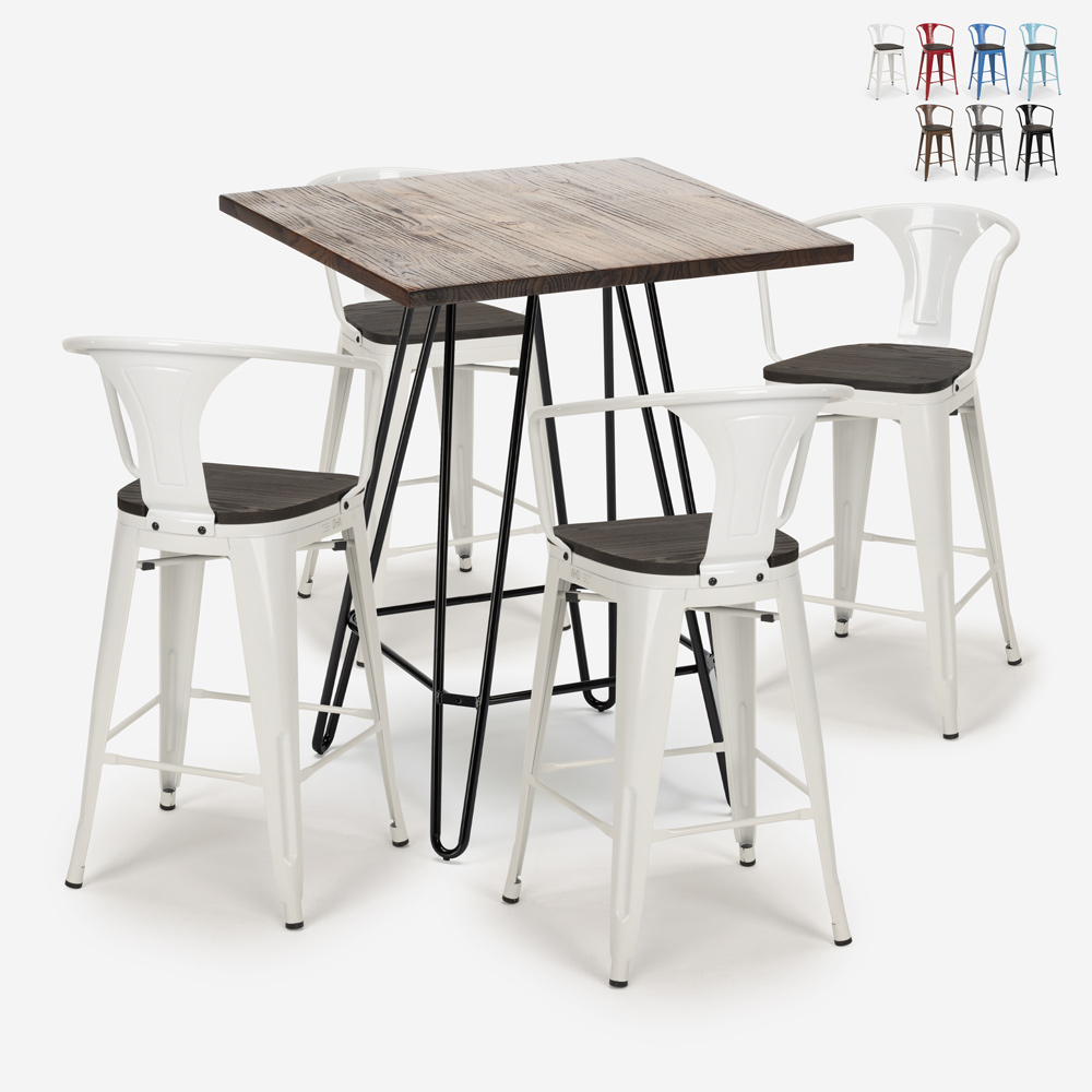 Set tavolino industriale legno metallo 60x60cm 4 sgabelli tolix Mason Noix Wood
