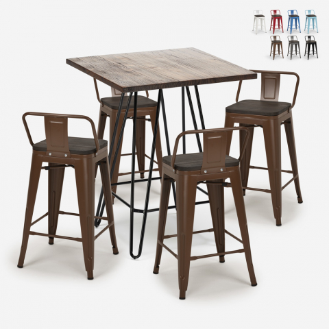 set tavolino legno metallo 60x60cm 4 sgabelli mason noix steel top Promozione