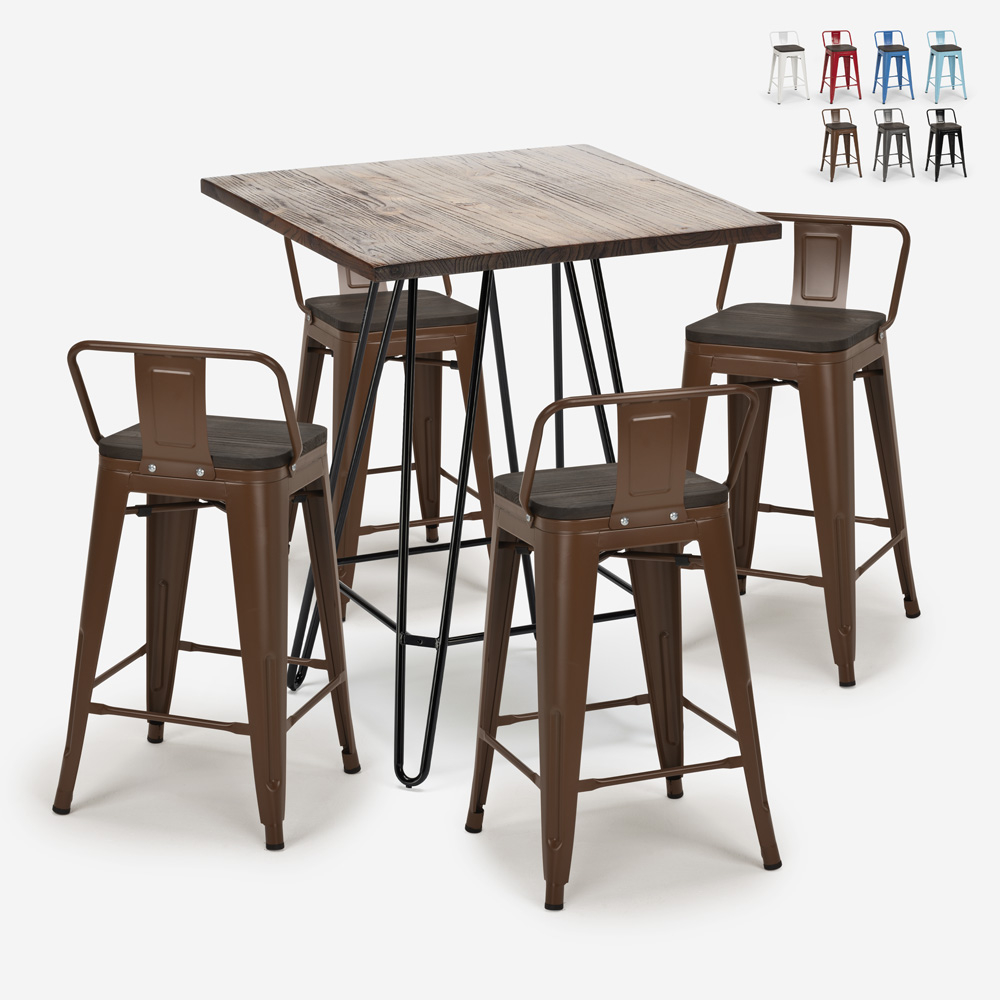 Set tavolino legno metallo 60x60cm 4 sgabelli tolix Mason Noix Steel Top