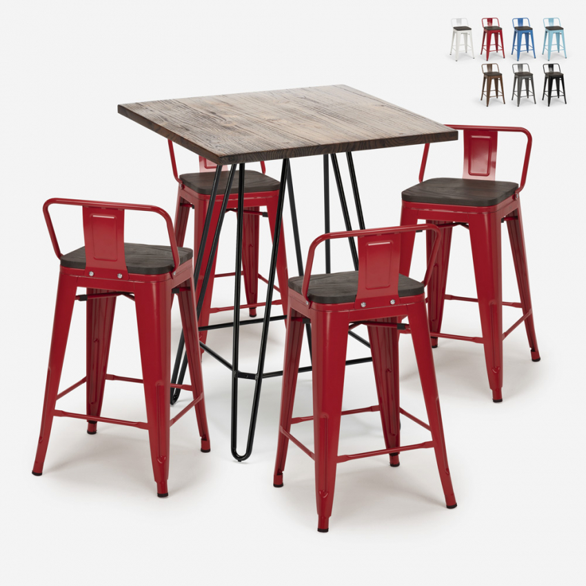 set tavolino legno metallo 60x60cm 4 sgabelli mason noix steel top Stock set tavolino legno metallo 60x60cm 4 sgabelli mason noix steel top Stock