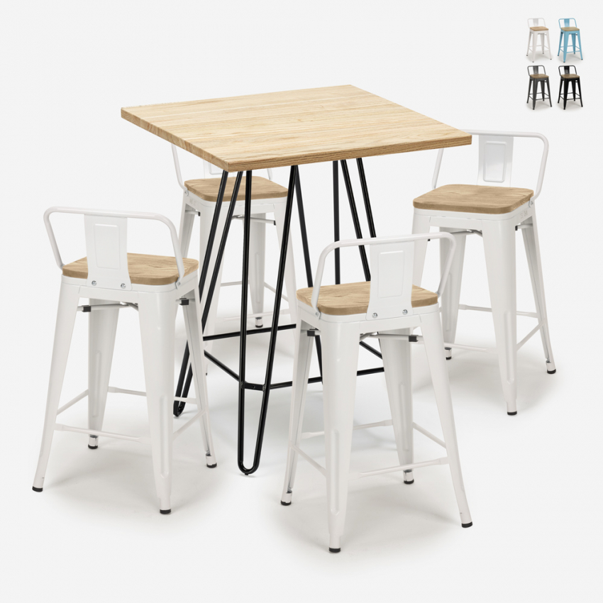 set bar industriale 4 sgabelli tavolino 60x60cm mason steel top light Saldi