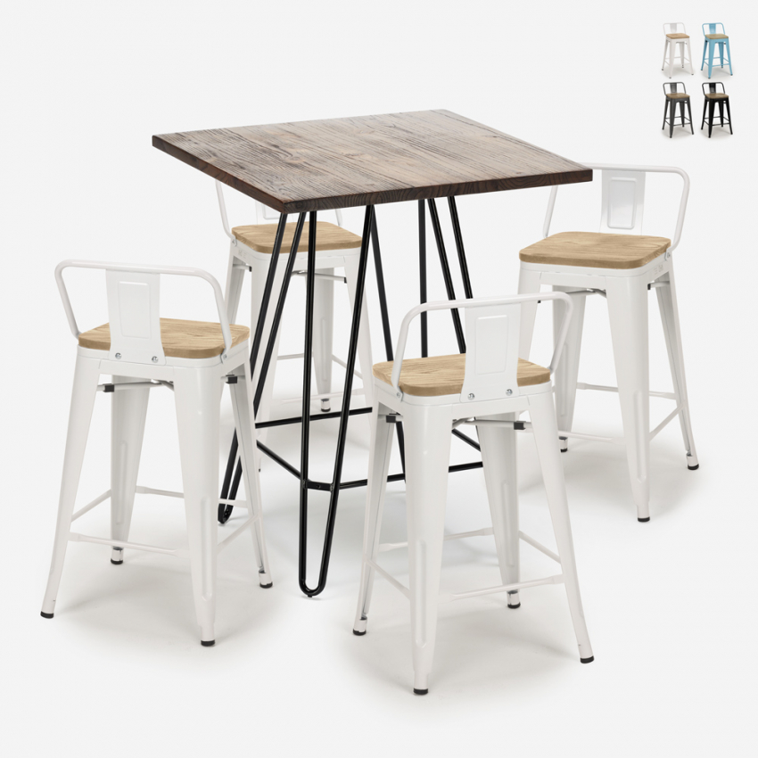 set 4 sgabelli tavolino industriale 60x60cm mason noix steel top light Promozione