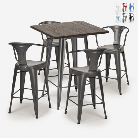 Set tavolino alto legno 60x60cm 4 sgabelli tolix industriale metallo Bruck Promozione