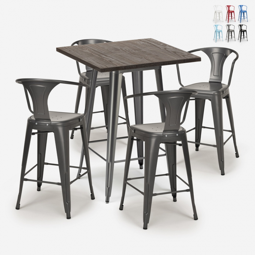 set tavolino alto legno 60x60cm 4 sgabelli industriale metallo bruck Promozione