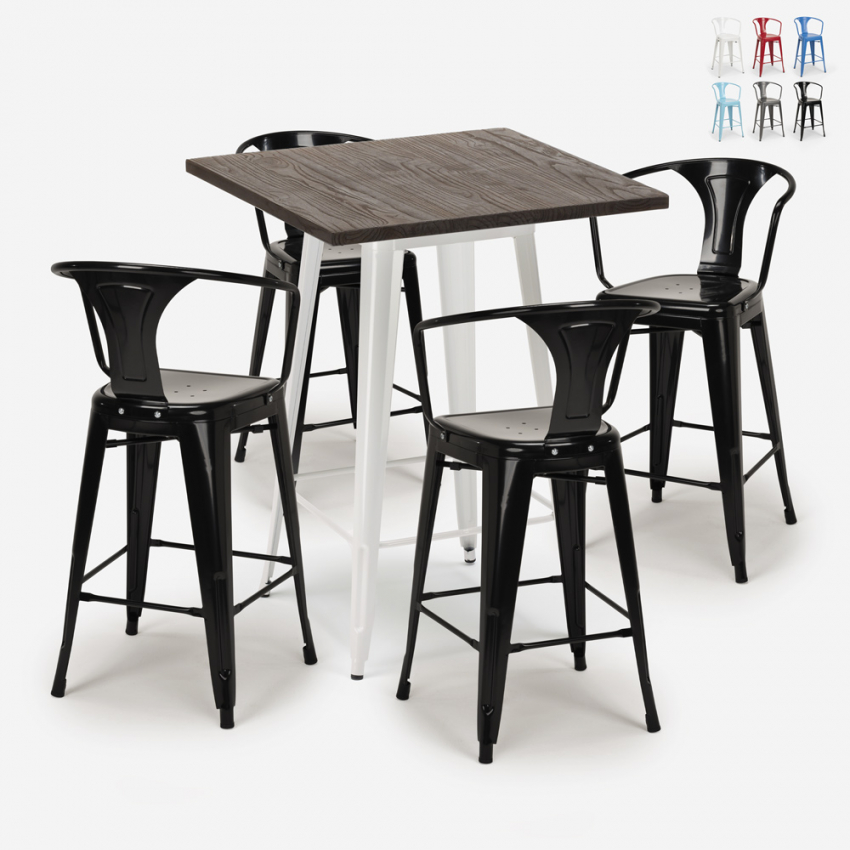 set bar 4 sgabelli tavolino alto legno metallo 60x60cm bruck white Sconti