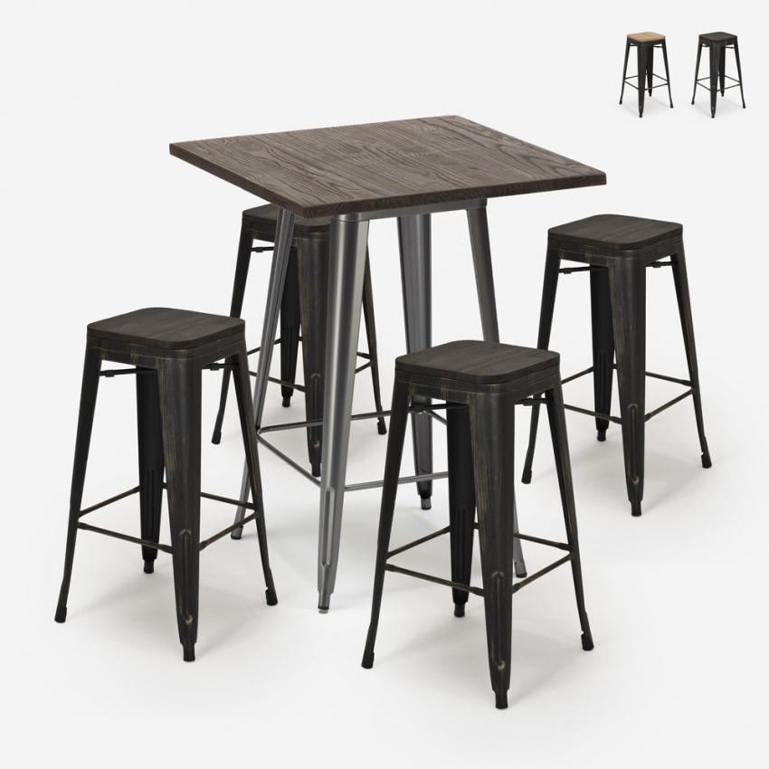 set tavolino bar alto 60x60cm 4 sgabelli legno industriale bent Vendita