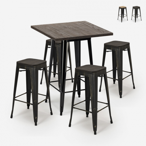 set bar 4 sgabelli legno industriale tavolino alto 60x60cm bent black Promozione