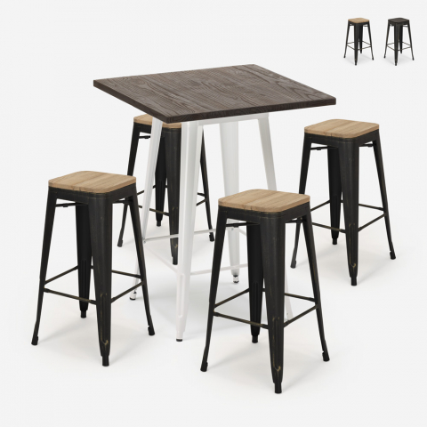 Set bar industriale 4 sgabelli tolix legno tavolino alto 60x60cm Bent White Promozione