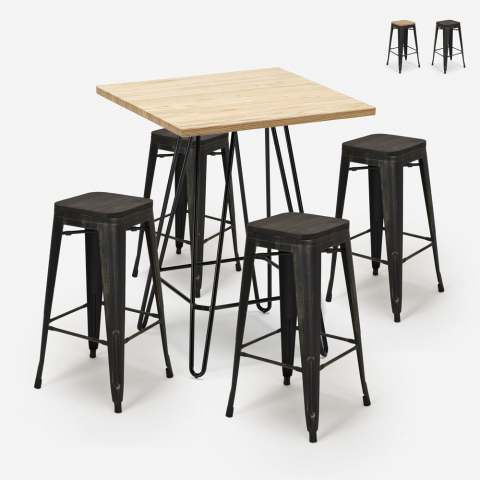 Set bar cucina 4 sgabelli tolix legno tavolino alto industriale 60x60cm Oudin Promozione